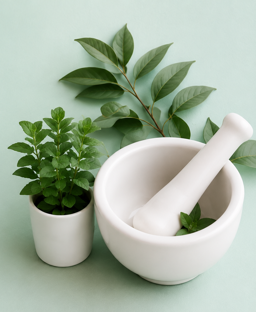 Mortero con plantas medicinales